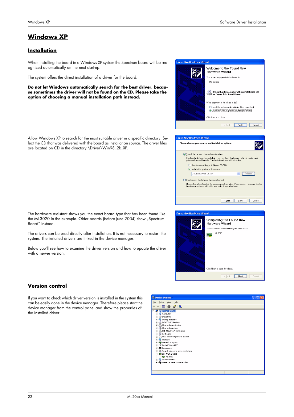 Windows xp, Installation, Version control | Installation version control | Spectrum Brands MI.20xx User Manual | Page 22 / 96