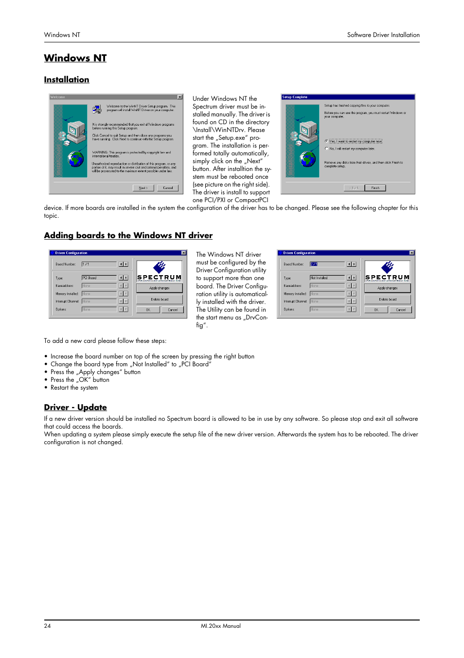 Windows nt, Installation, Adding boards to the windows nt driver | Driver - update | Spectrum Brands MI.20xx User Manual | Page 24 / 96