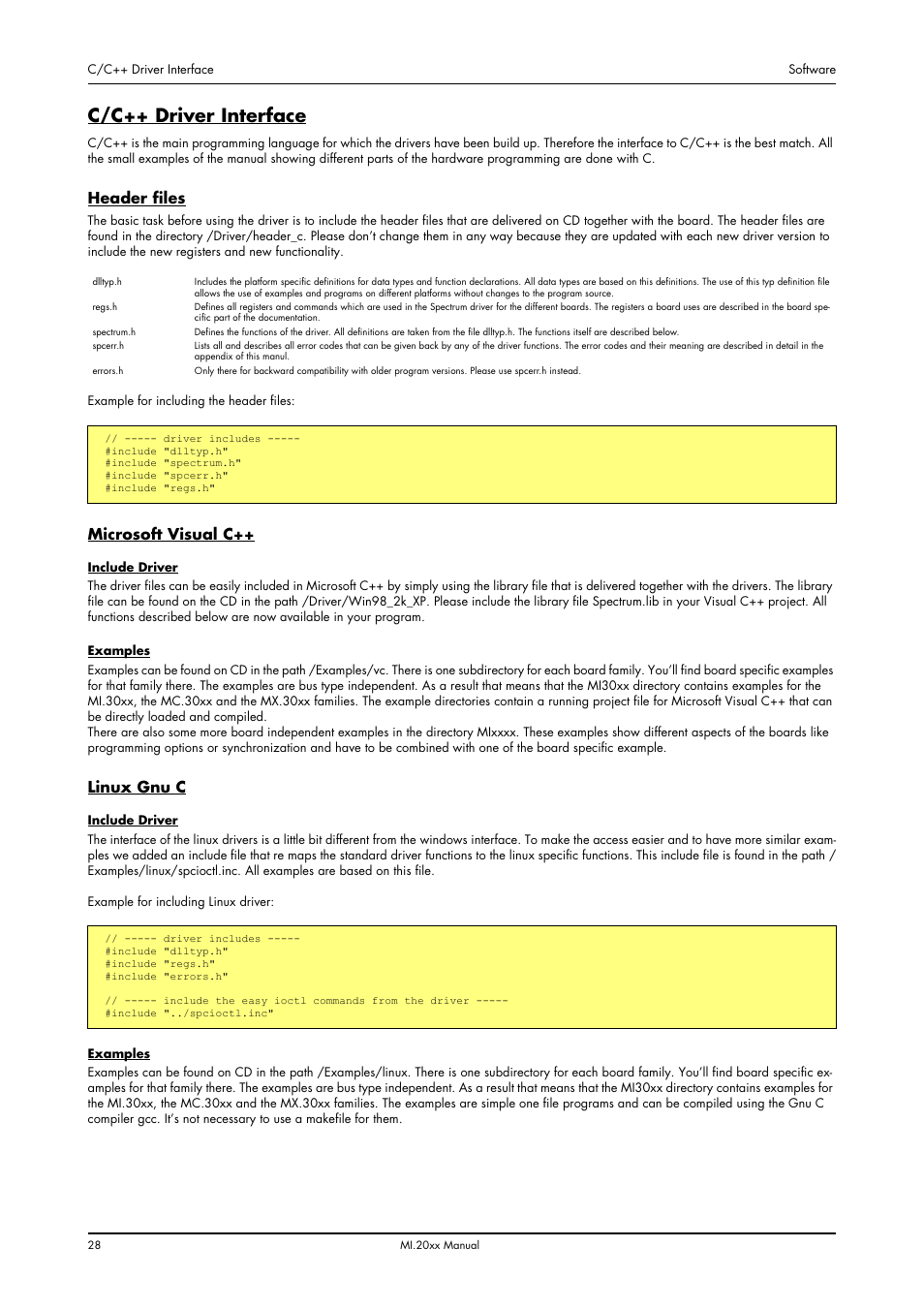 C/c++ driver interface, Header files, Microsoft visual c | Linux gnu c, Header files microsoft visual c++ linux gnu c | Spectrum Brands MI.20xx User Manual | Page 28 / 96