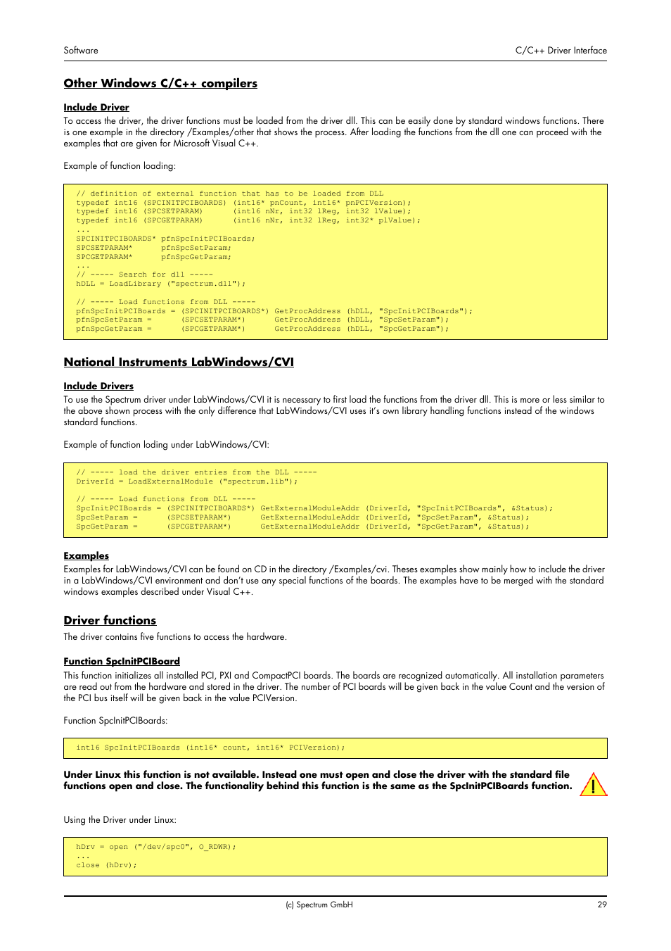 Other windows c/c++ compilers, National instruments labwindows/cvi, Driver functions | Spectrum Brands MI.20xx User Manual | Page 29 / 96