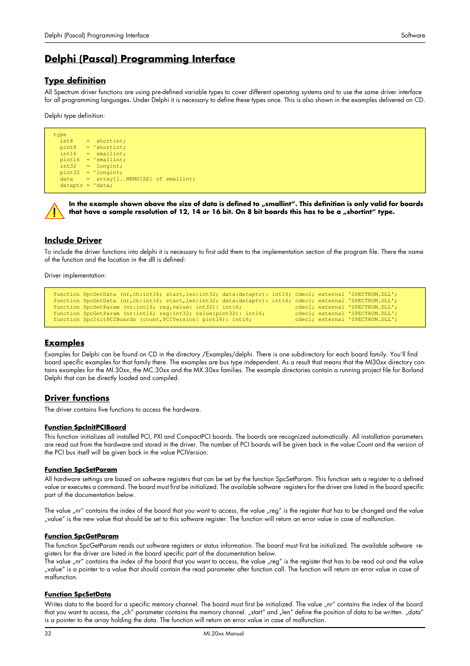 Delphi (pascal) programming interface, Type definition, Include driver | Examples, Driver functions | Spectrum Brands MI.20xx User Manual | Page 32 / 96