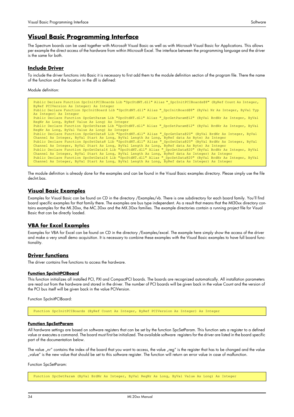 Visual basic programming interface, Include driver, Visual basic examples | Vba for excel examples, Driver functions | Spectrum Brands MI.20xx User Manual | Page 34 / 96