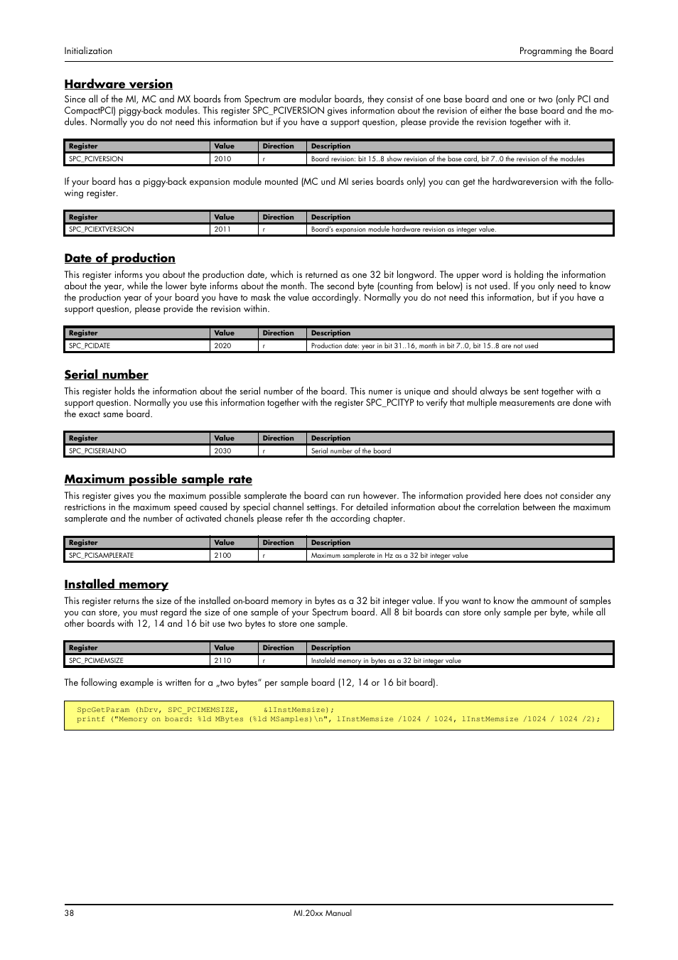 Hardware version, Date of production, Serial number | Maximum possible sample rate, Installed memory | Spectrum Brands MI.20xx User Manual | Page 38 / 96