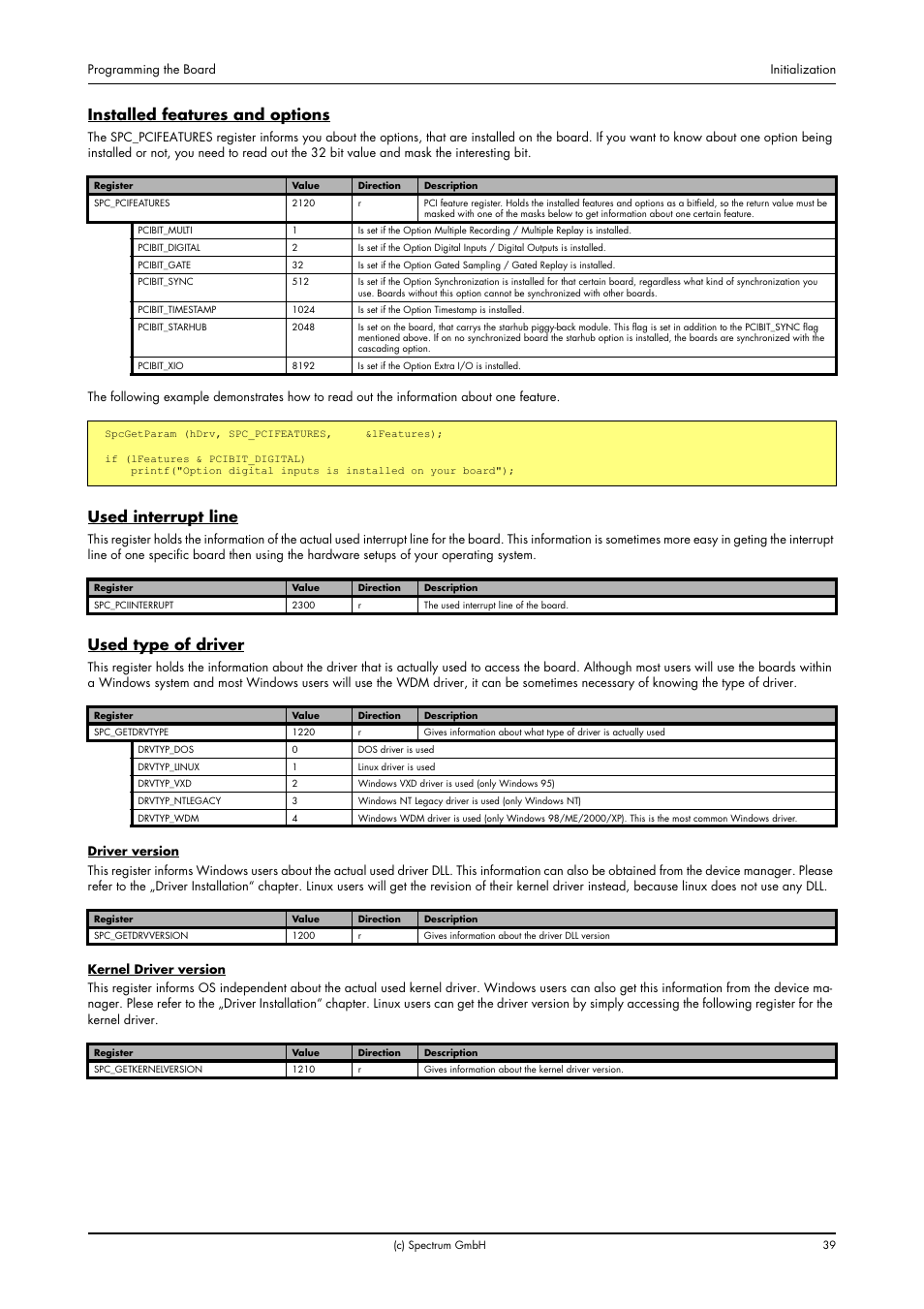 Installed features and options, Used interrupt line, Used type of driver | Spectrum Brands MI.20xx User Manual | Page 39 / 96