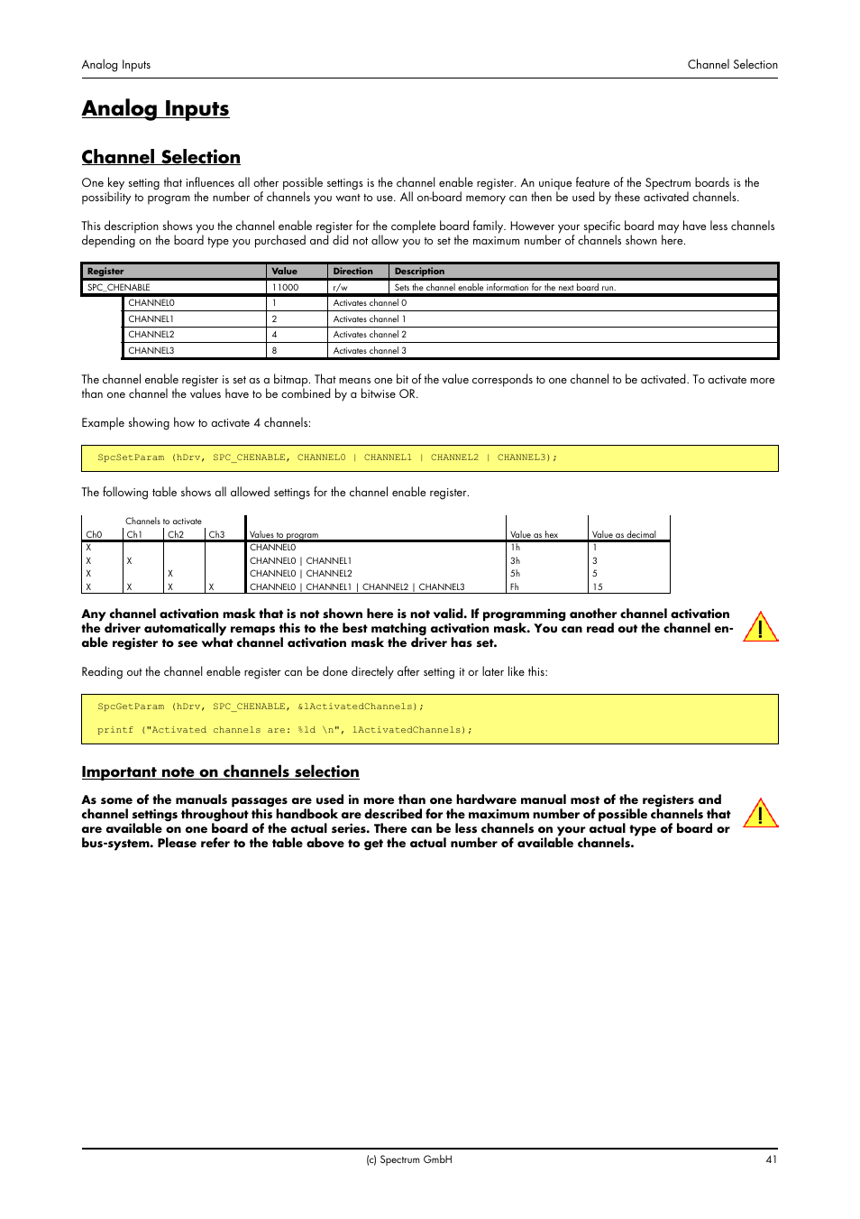 Analog inputs, Channel selection, Important note on channels selection | Spectrum Brands MI.20xx User Manual | Page 41 / 96