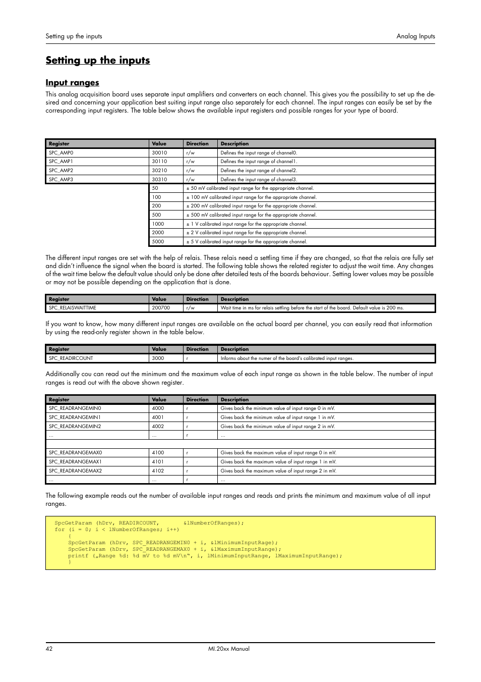 Setting up the inputs, Input ranges | Spectrum Brands MI.20xx User Manual | Page 42 / 96