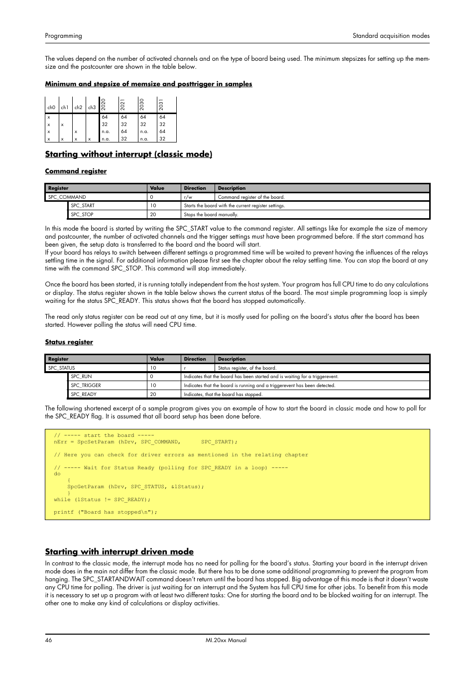 Starting without interrupt (classic mode), Starting with interrupt driven mode | Spectrum Brands MI.20xx User Manual | Page 46 / 96