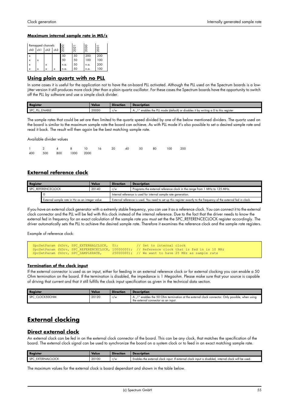 Using plain quartz with no pll, Direct external clock, External clocking | External reference clock | Spectrum Brands MI.20xx User Manual | Page 55 / 96