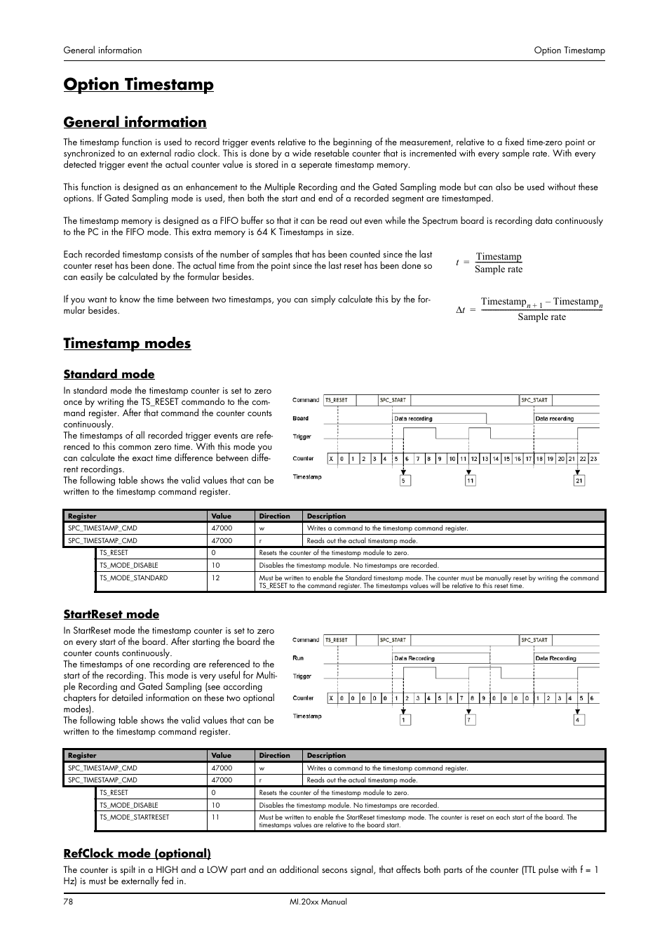 Option timestamp, General information, Timestamp modes | Standard mode, Startreset mode, Refclock mode (optional), General information timestamp modes | Spectrum Brands MI.20xx User Manual | Page 78 / 96