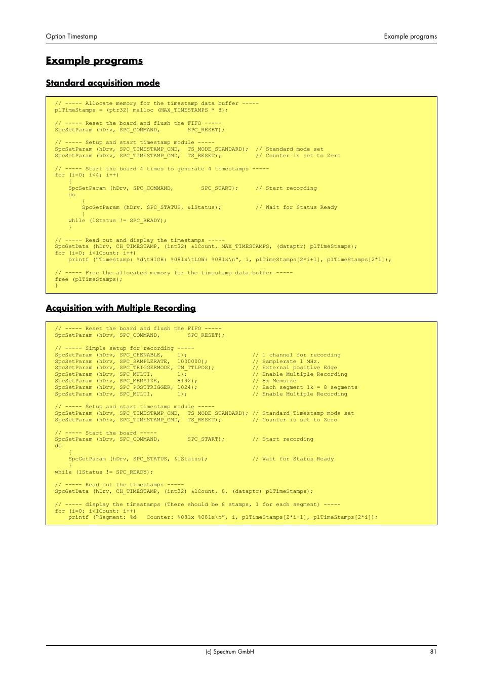 Example programs, Standard acquisition mode, Acquisition with multiple recording | Spectrum Brands MI.20xx User Manual | Page 81 / 96