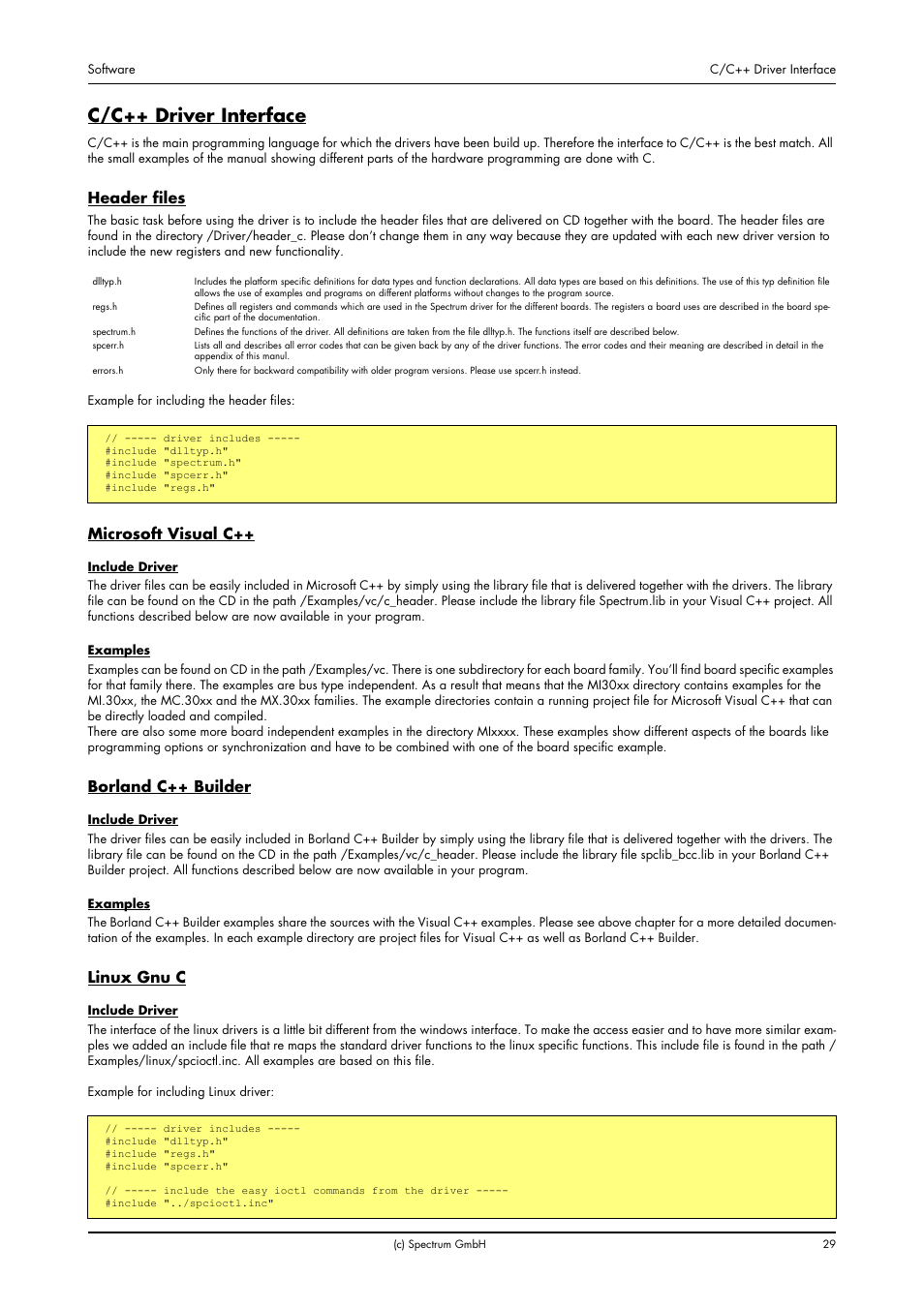 C/c++ driver interface, Header files, Microsoft visual c | Borland c++ builder, Linux gnu c | Spectrum Brands MC.31XX User Manual | Page 29 / 102