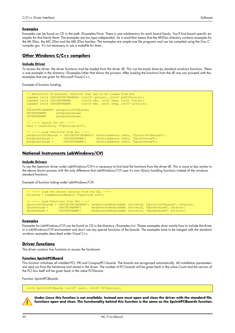 Other windows c/c++ compilers, National instruments labwindows/cvi, Driver functions | Spectrum Brands MC.31XX User Manual | Page 30 / 102