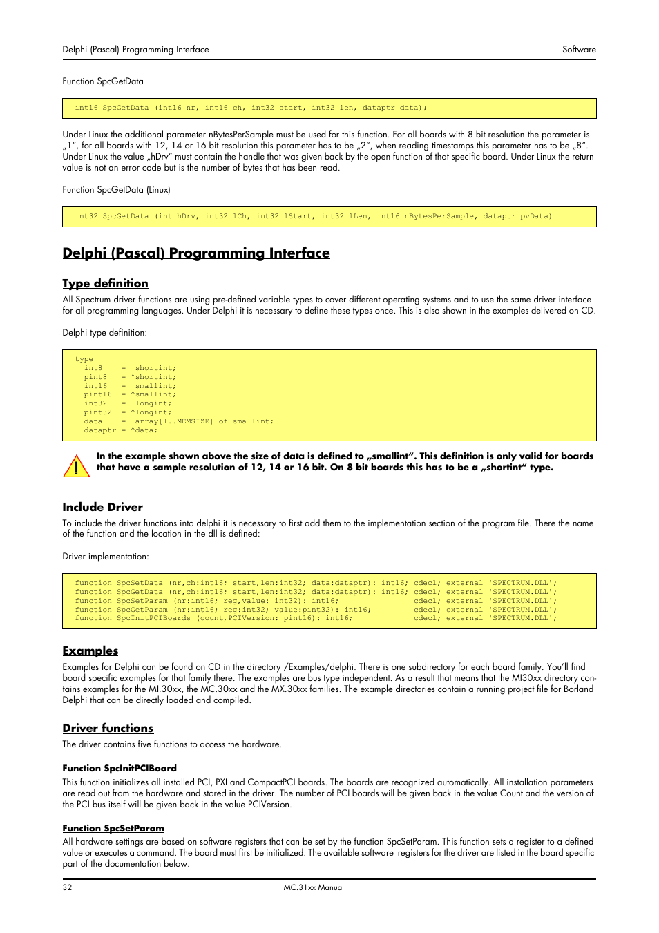 Delphi (pascal) programming interface, Type definition, Include driver | Examples, Driver functions | Spectrum Brands MC.31XX User Manual | Page 32 / 102