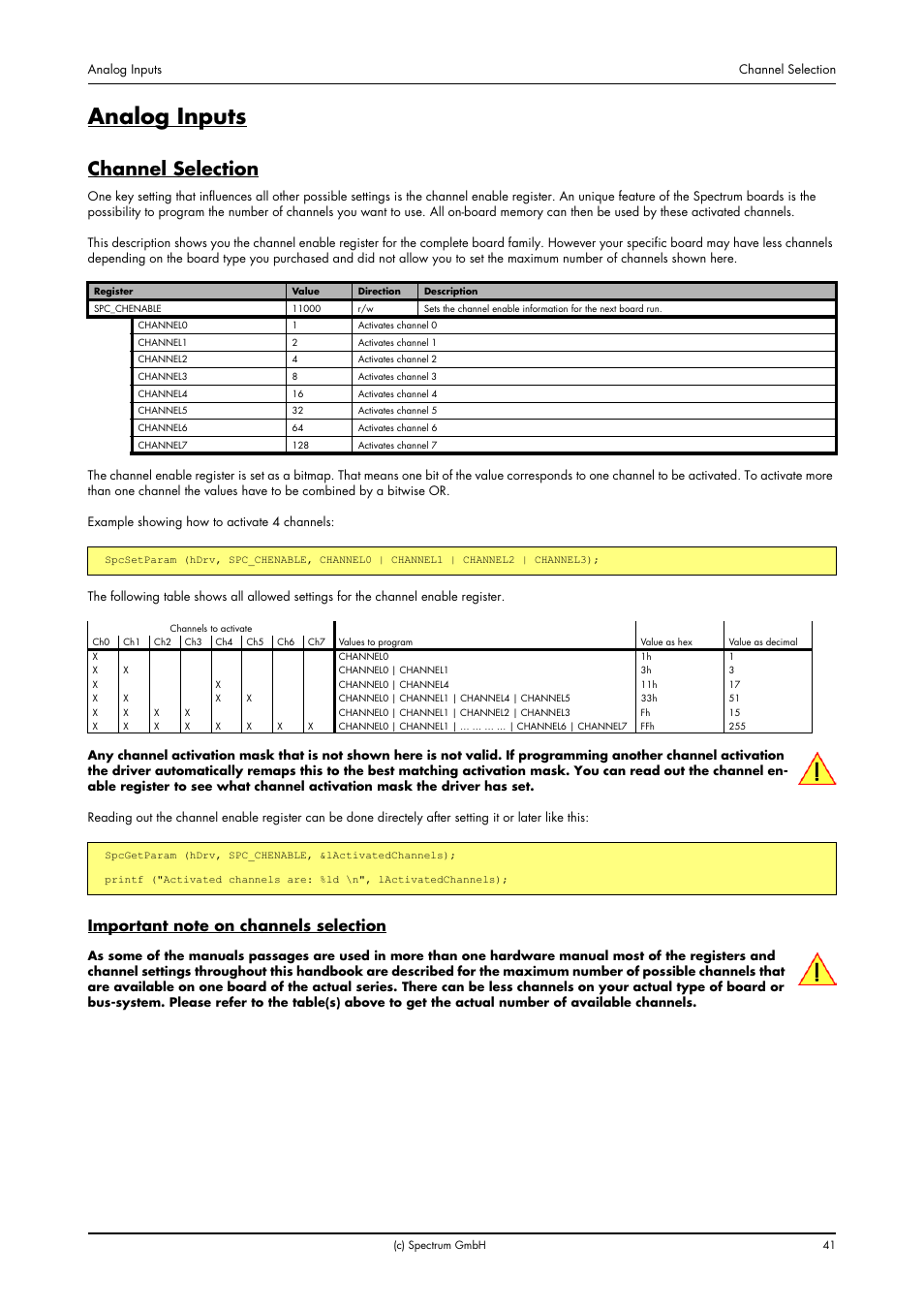 Analog inputs, Channel selection, Important note on channels selection | Spectrum Brands MC.31XX User Manual | Page 41 / 102