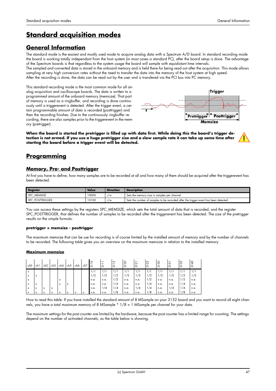 Standard acquisition modes, General information, Programming | Memory, pre- and posttrigger, General information programming | Spectrum Brands MC.31XX User Manual | Page 47 / 102