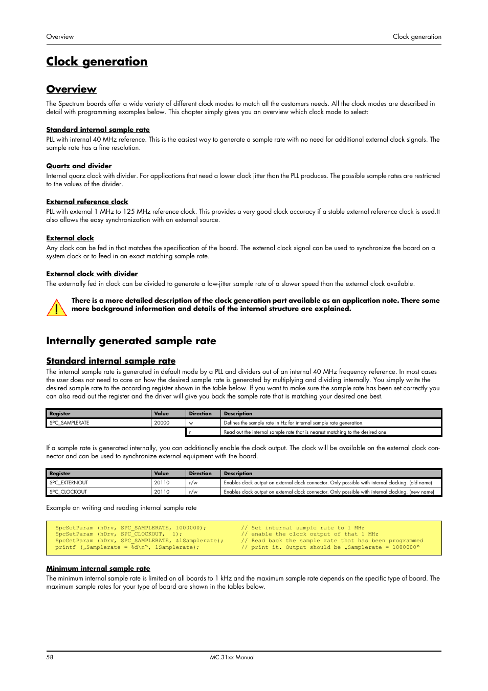 Clock generation, Overview, Internally generated sample rate | Standard internal sample rate, Overview internally generated sample rate | Spectrum Brands MC.31XX User Manual | Page 58 / 102