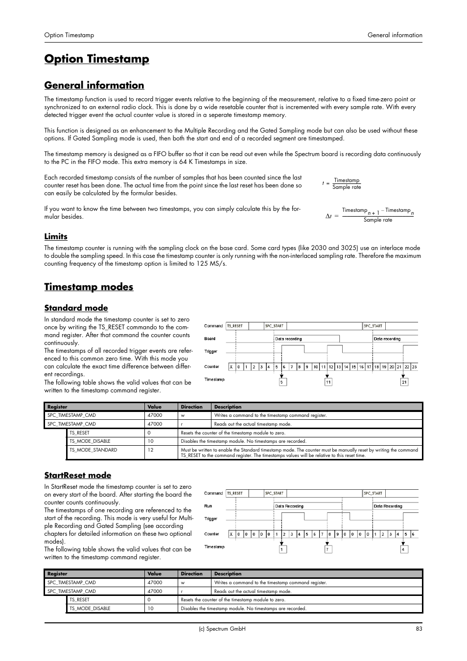 Option timestamp, General information, Limits | Timestamp modes, Standard mode, Startreset mode, Standard mode startreset mode | Spectrum Brands MC.31XX User Manual | Page 83 / 102