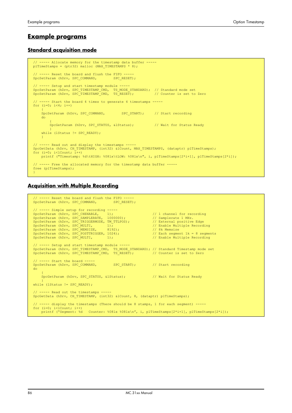 Example programs, Standard acquisition mode, Acquisition with multiple recording | Spectrum Brands MC.31XX User Manual | Page 86 / 102