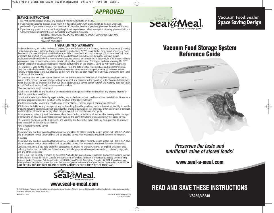 Seal-a-Meal VS240 User Manual | 7 pages