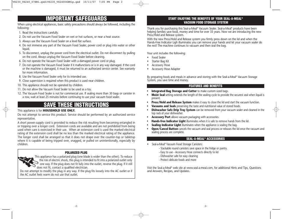 Save these instructions important safeguards | Seal-a-Meal VS240 User Manual | Page 2 / 7