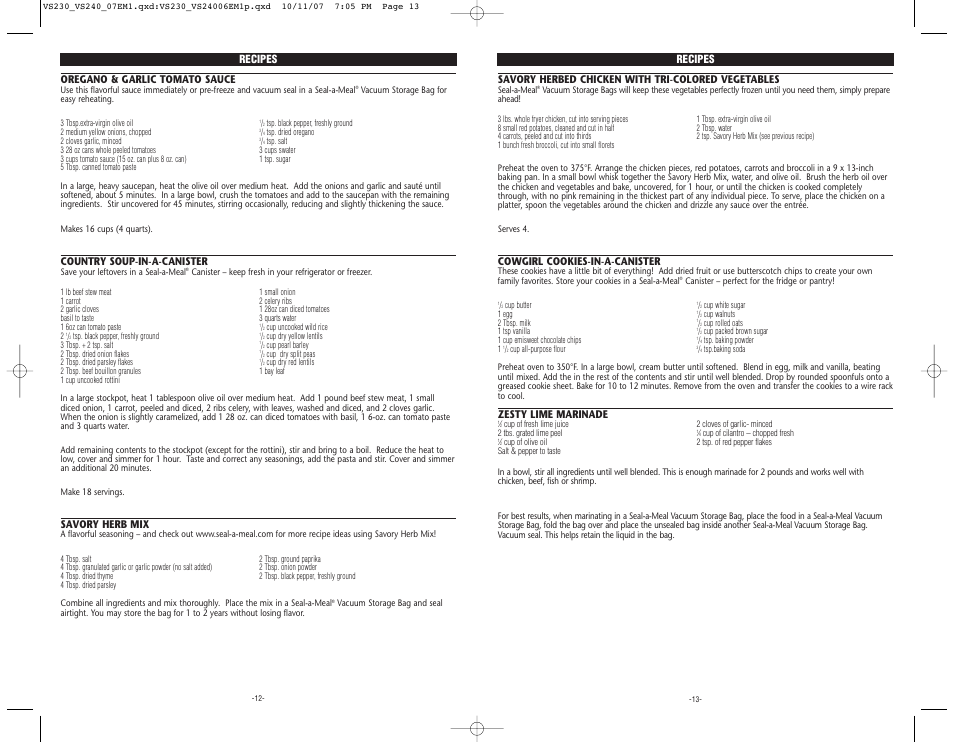 Recipes oregano & garlic tomato sauce, Country soup-in-a-canister, Savory herb mix | Savory herbed chicken with tri-colored vegetables, Cowgirl cookies-in-a-canister, Zesty lime marinade, Recipes | Seal-a-Meal VS240 User Manual | Page 7 / 7