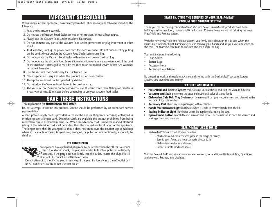Save these instructions important safeguards | Seal-a-Meal VS108 User Manual | Page 2 / 7