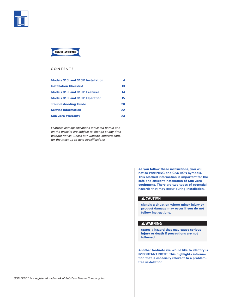 Sub-Zero 3 1 5 I User Manual | Page 2 / 24