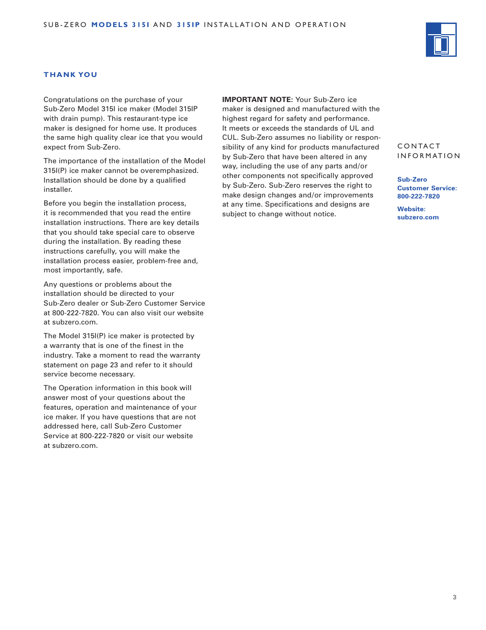 Sub-Zero 3 1 5 I User Manual | Page 3 / 24