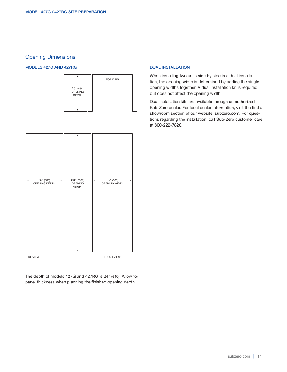 Opening dimensions | Sub-Zero 427G User Manual | Page 11 / 32