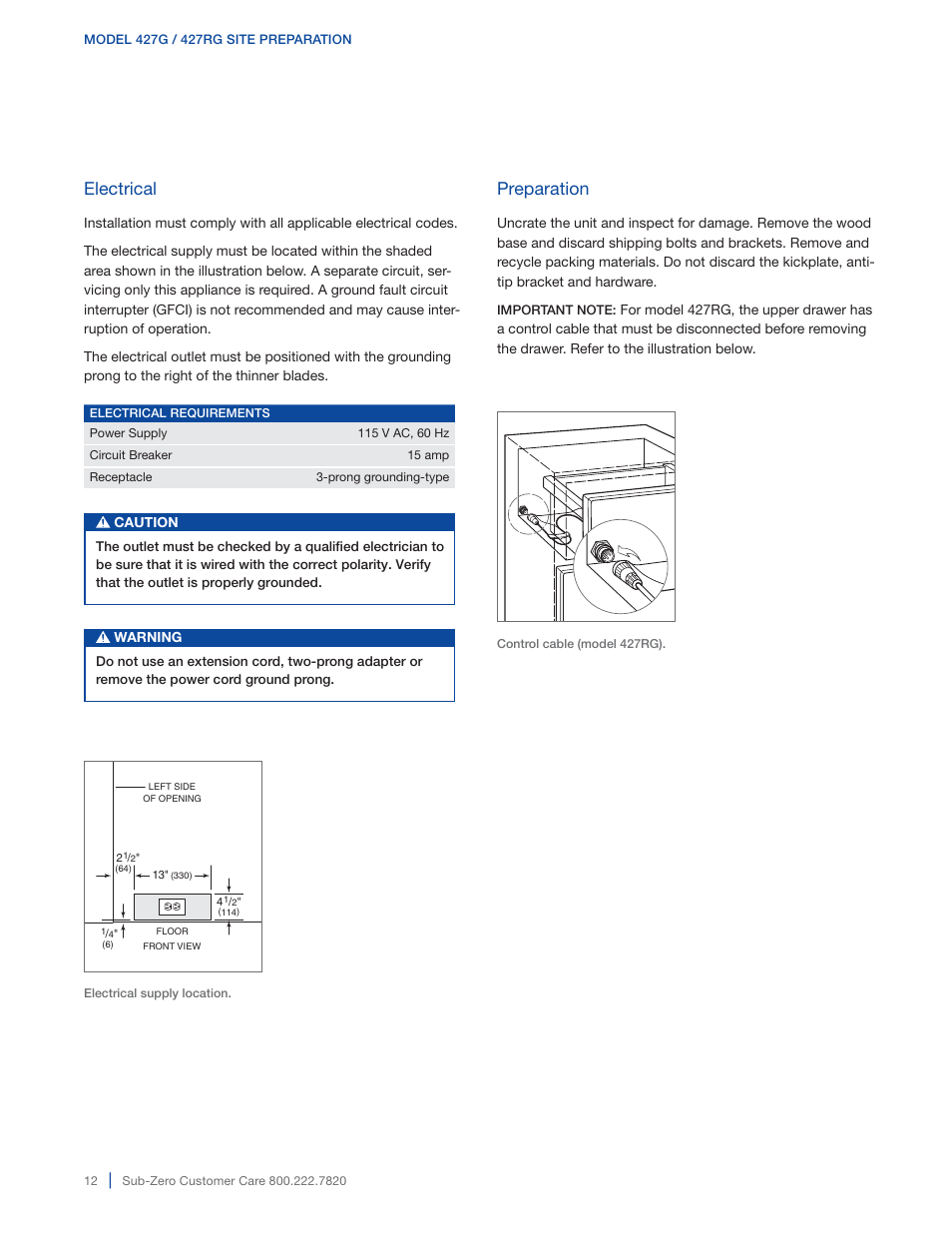 Electrical, Preparation | Sub-Zero 427G User Manual | Page 12 / 32