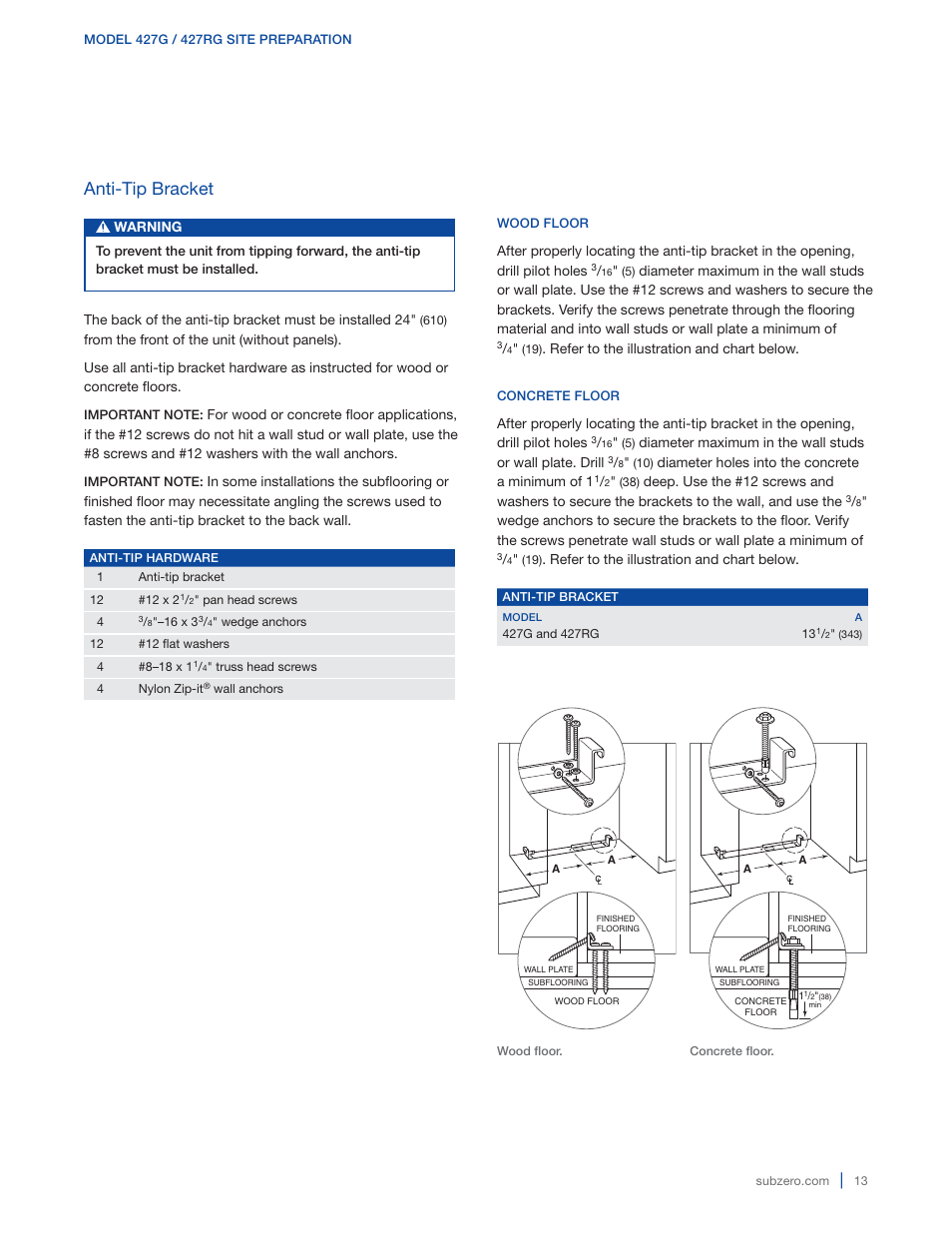 Anti-tip bracket | Sub-Zero 427G User Manual | Page 13 / 32