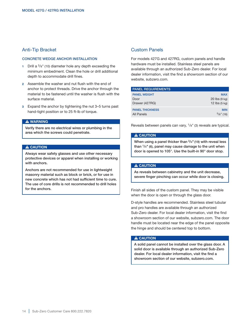 Anti-tip bracket, Custom panels | Sub-Zero 427G User Manual | Page 14 / 32