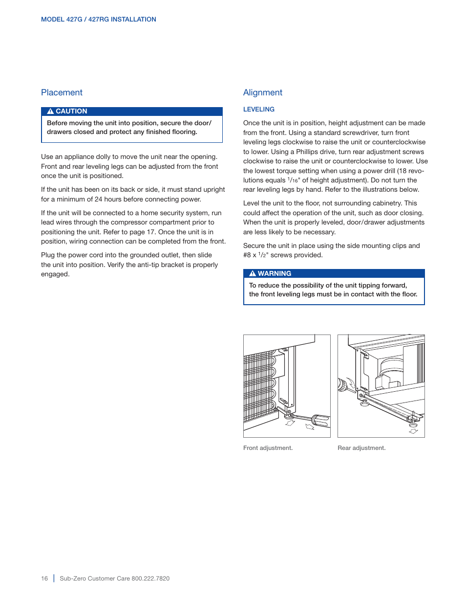 Placement, Alignment | Sub-Zero 427G User Manual | Page 16 / 32