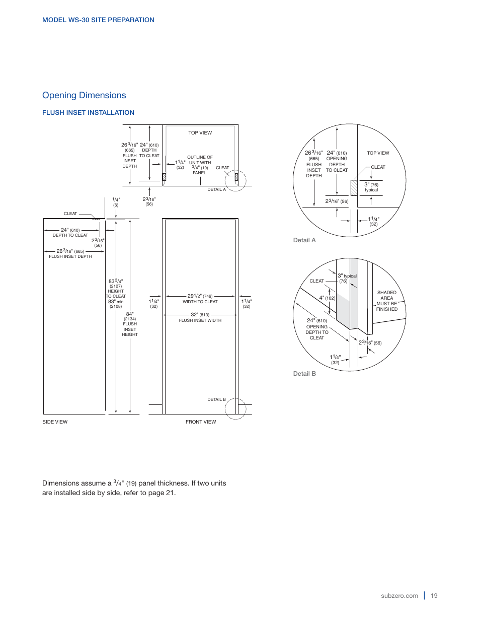 Opening dimensions, Dimensions assume a, Model ws-30 site preparation | Flush inset installation | Sub-Zero 427G User Manual | Page 19 / 32