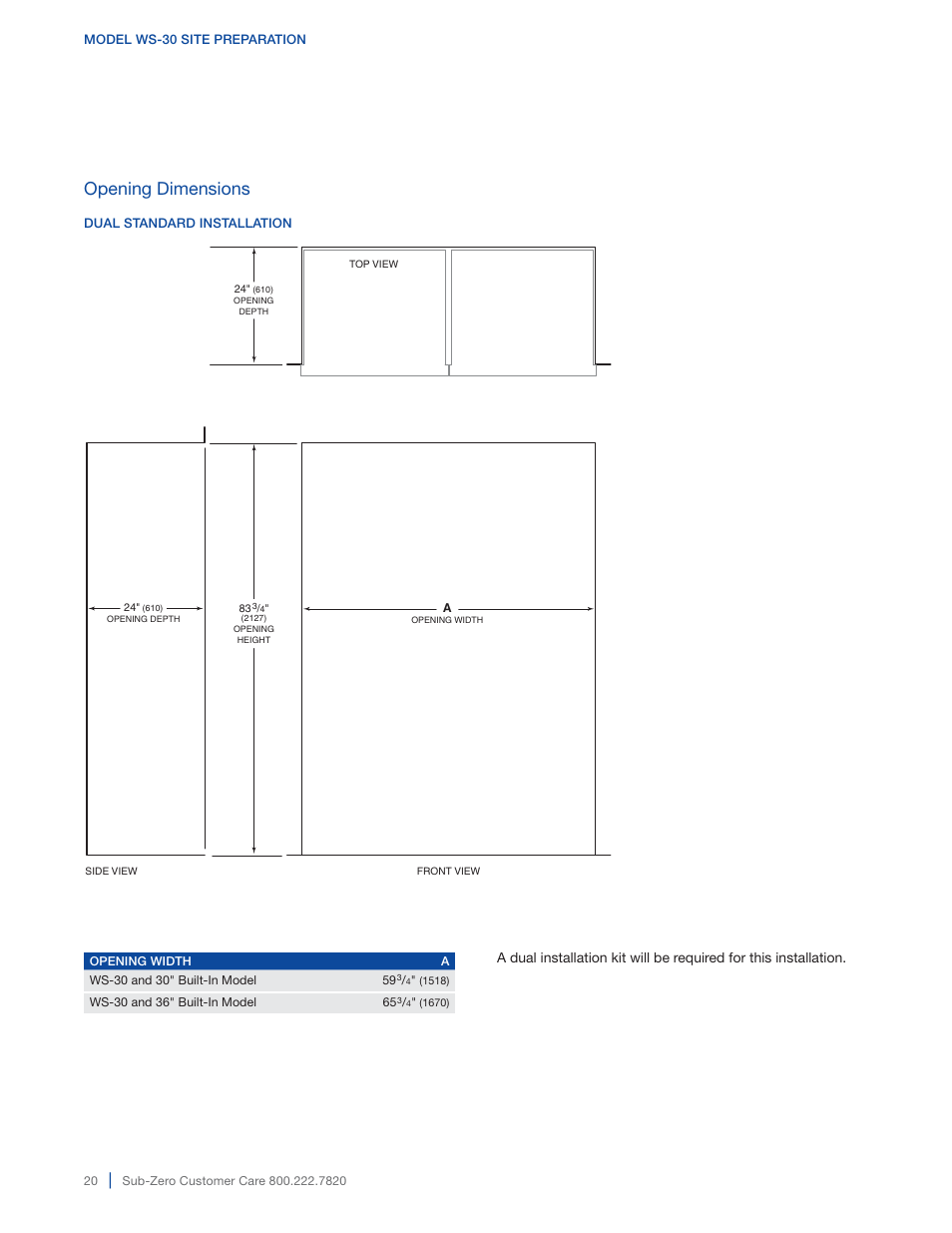 Opening dimensions | Sub-Zero 427G User Manual | Page 20 / 32