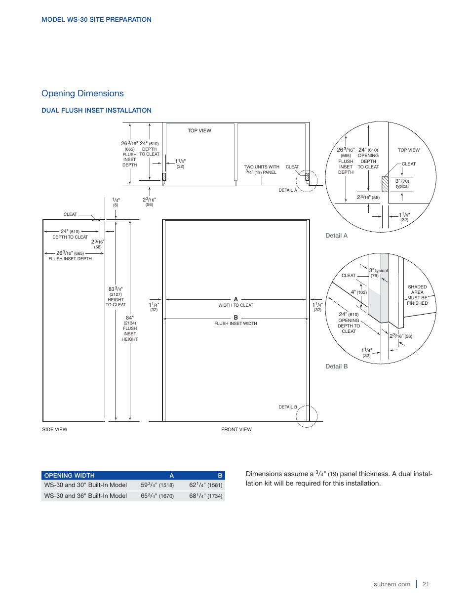 Opening dimensions, Dimensions assume a | Sub-Zero 427G User Manual | Page 21 / 32