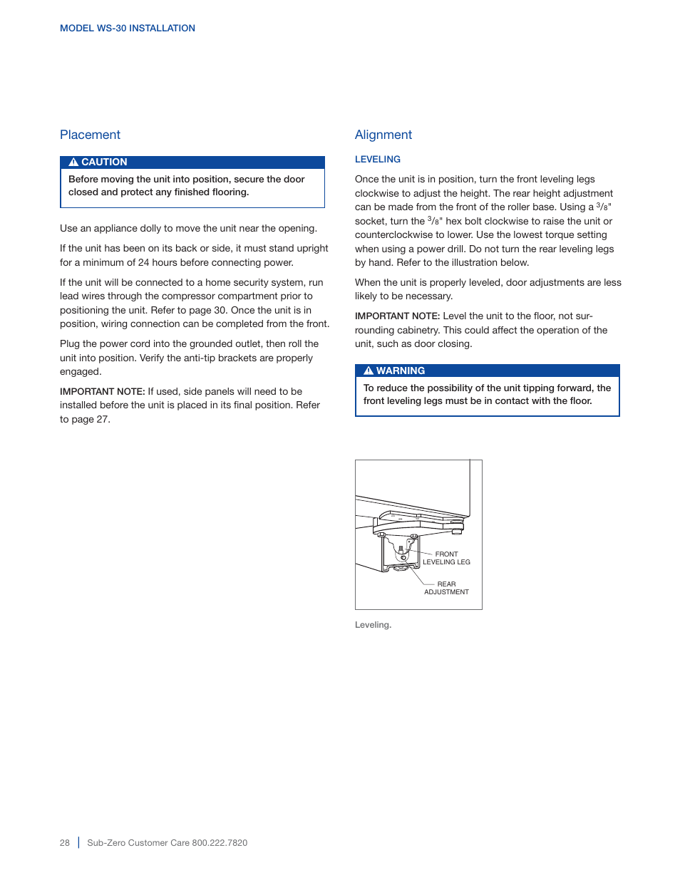 Alignment, Placement | Sub-Zero 427G User Manual | Page 28 / 32