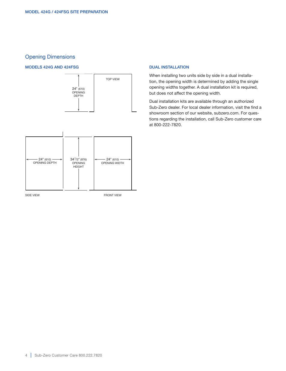 Opening dimensions | Sub-Zero 427G User Manual | Page 4 / 32