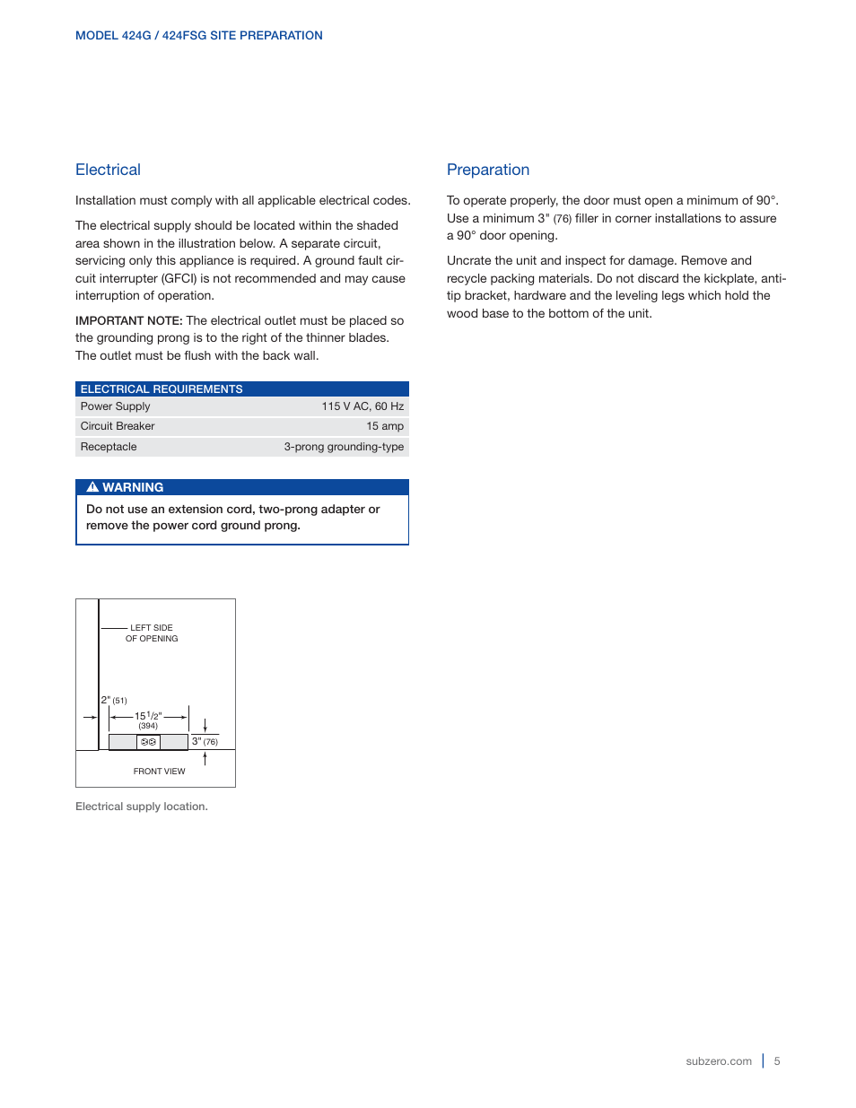 Electrical, Preparation | Sub-Zero 427G User Manual | Page 5 / 32