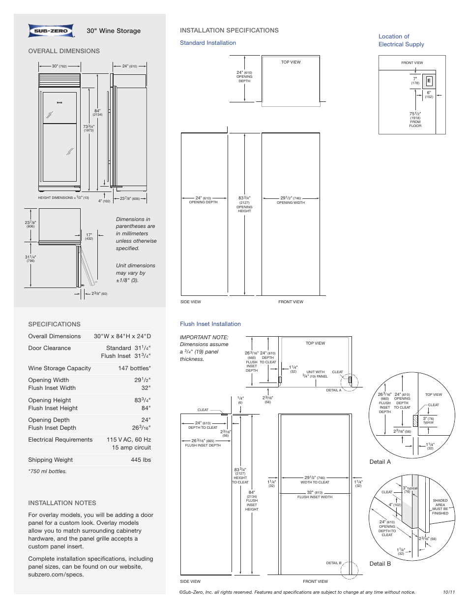 30" wine storage, Flush inset 31, Flush inset width 32" opening height 83 | Overall dimensions, Detail a detail b, Location of electrical supply | Sub-Zero WS-30 User Manual | Page 2 / 2