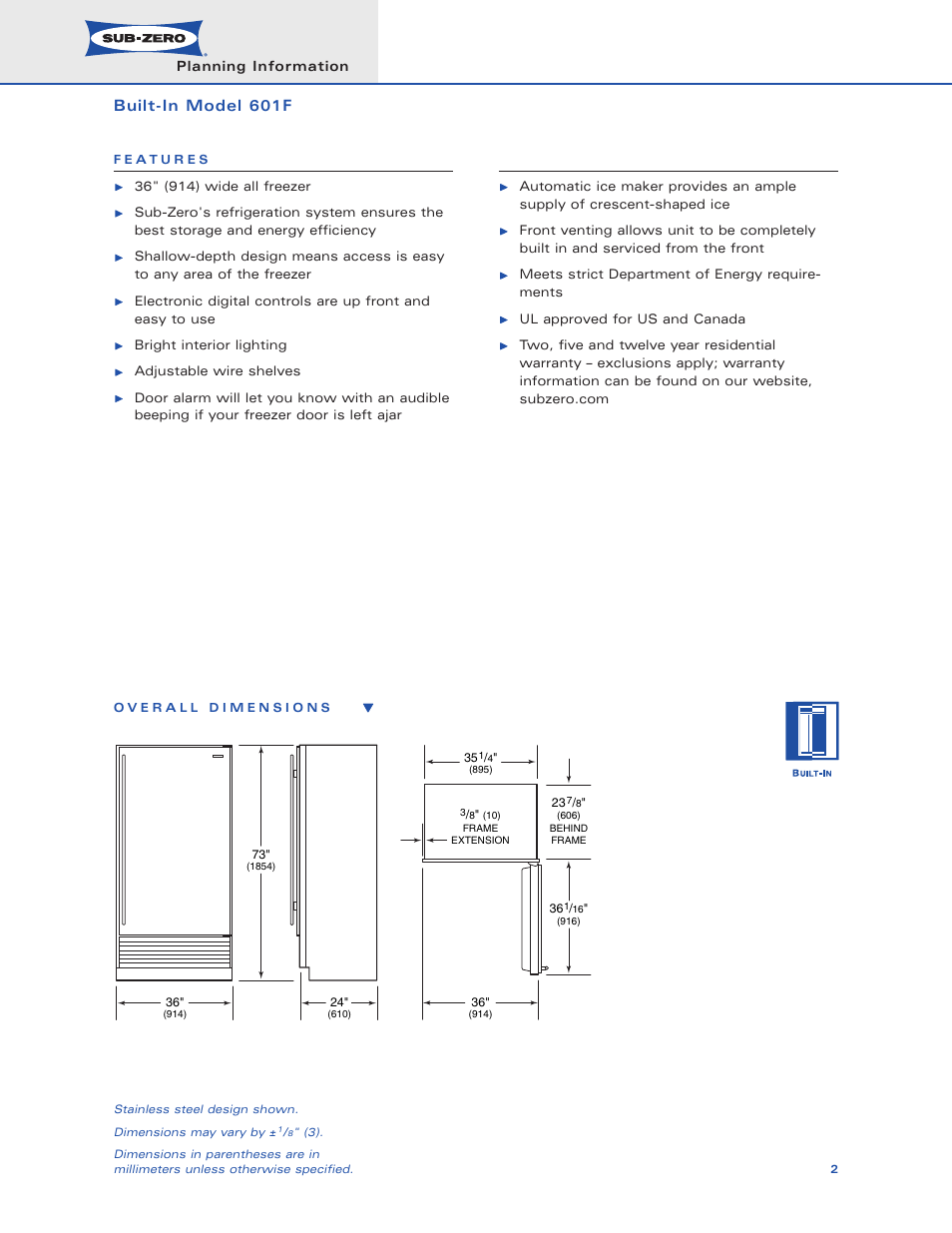 Built-in model 601f | Sub-Zero 601F User Manual | Page 2 / 14