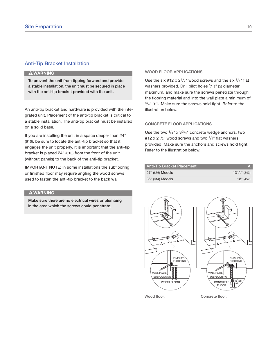 Site preparation, Anti-tip bracket installation | Sub-Zero IC-27FI User Manual | Page 10 / 24