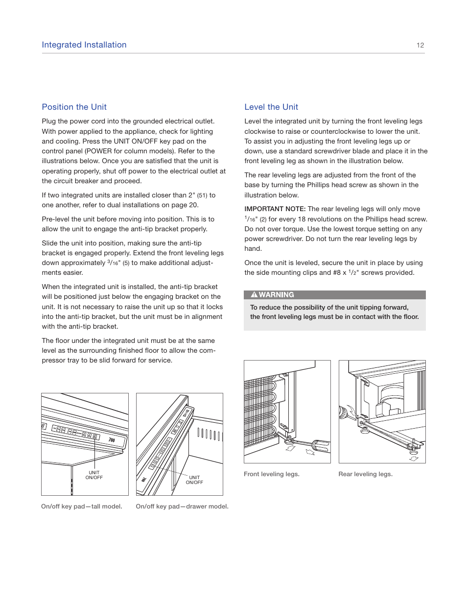Integrated installation, Position the unit, Level the unit | Sub-Zero IC-27FI User Manual | Page 12 / 24
