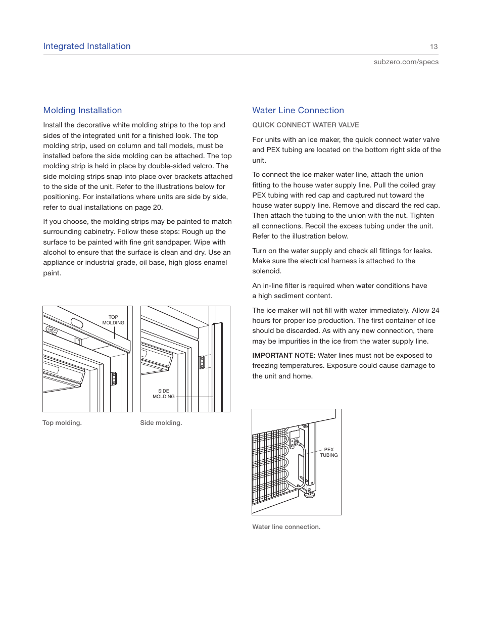Integrated installation, Molding installation, Water line connection | Sub-Zero IC-27FI User Manual | Page 13 / 24