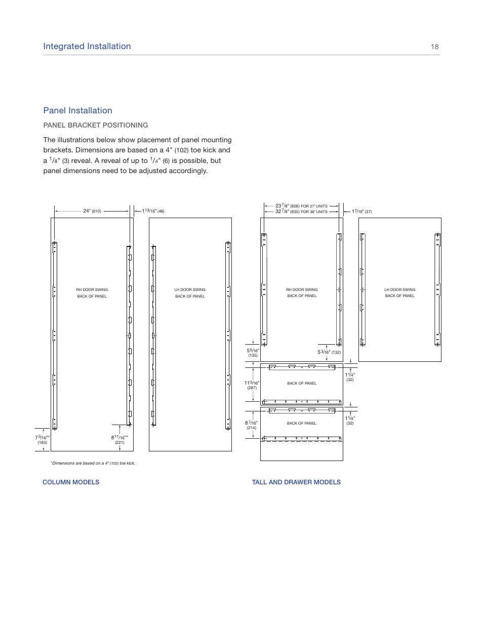 Integrated installation, Panel installation, Toe kick and a | Reveal. a reveal of up to, Panel bracket positioning | Sub-Zero IC-27FI User Manual | Page 18 / 24