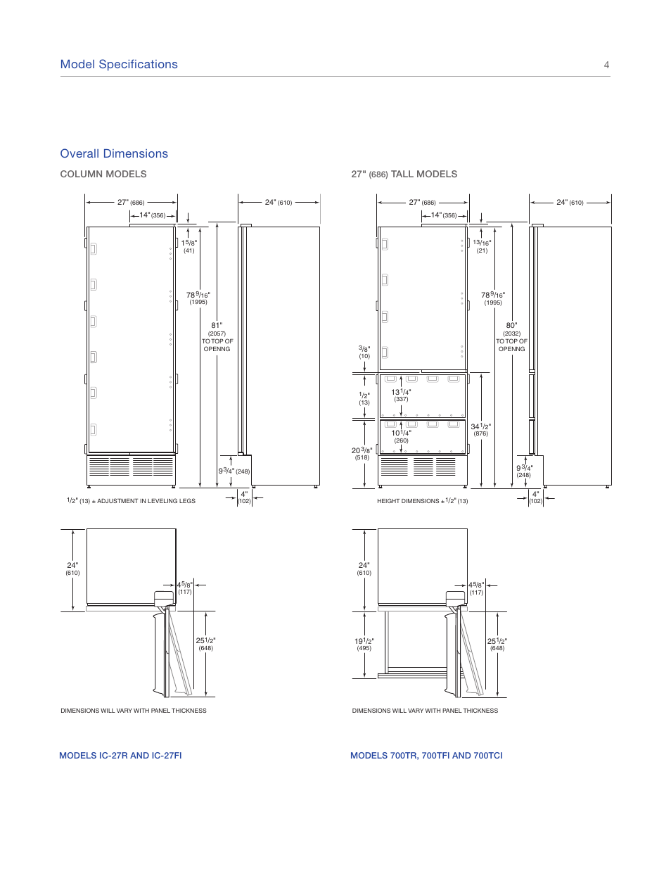 Model specifications, Overall dimensions, Column models | Tall models | Sub-Zero IC-27FI User Manual | Page 4 / 24