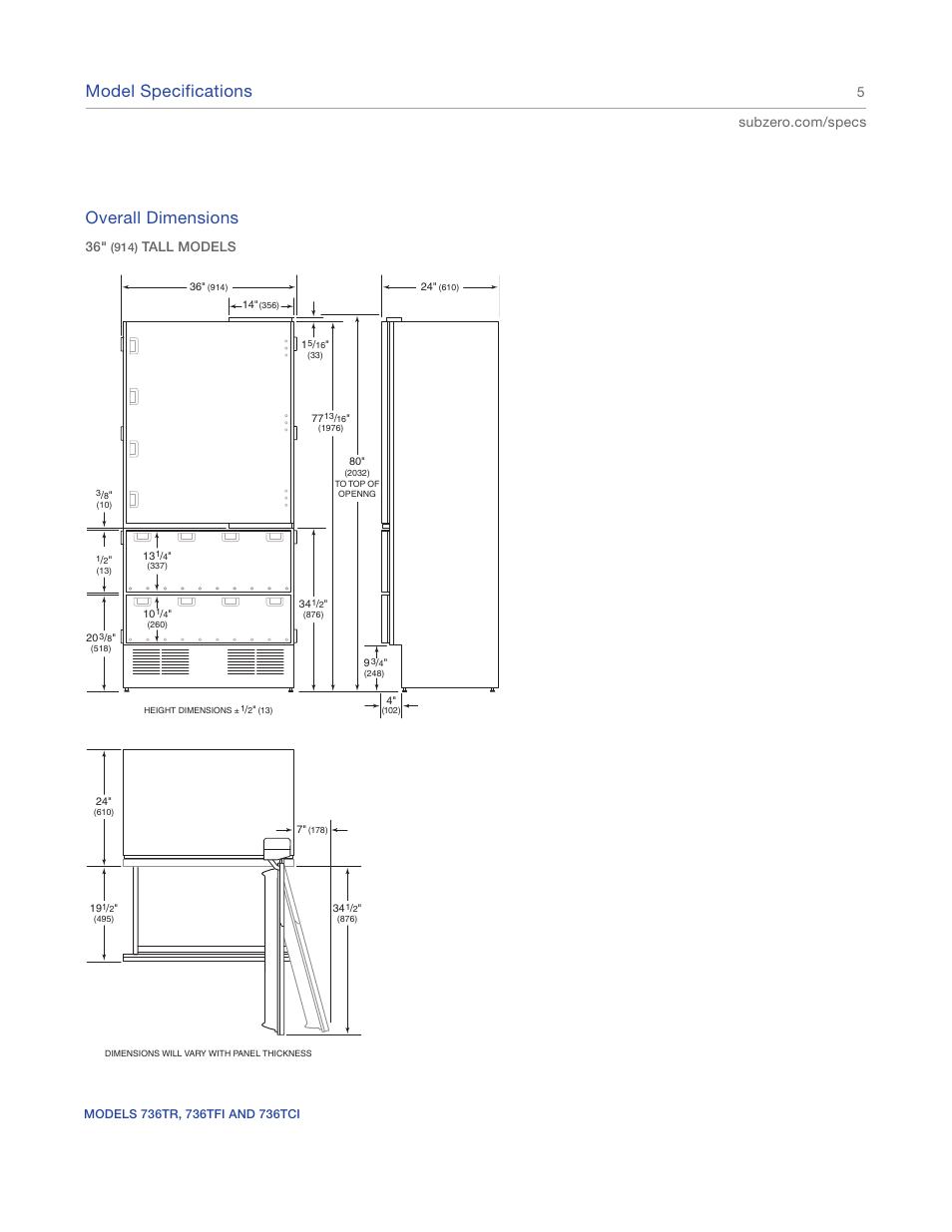 Model specifications, Overall dimensions, Tall models | Sub-Zero IC-27FI User Manual | Page 5 / 24