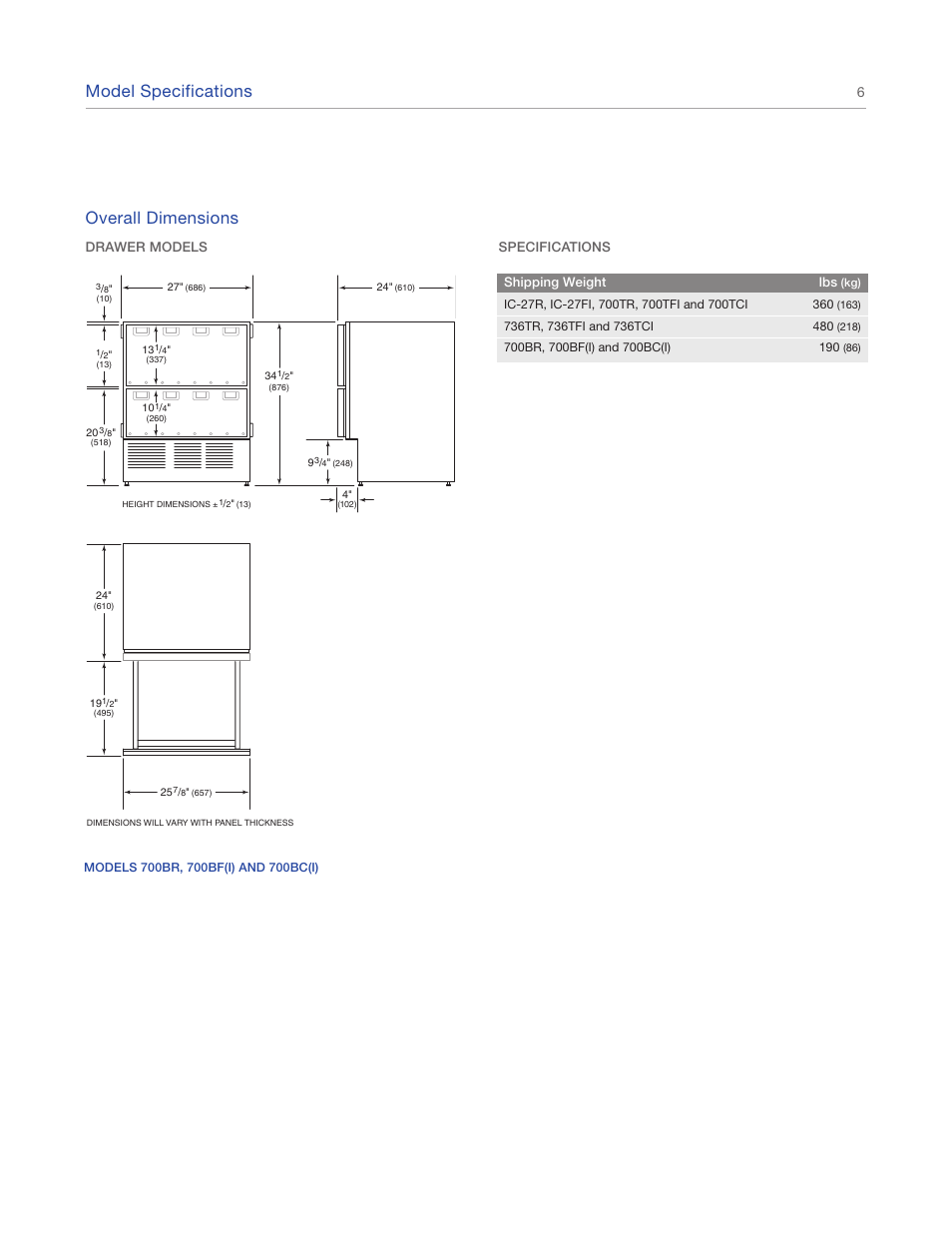 Model specifications, Overall dimensions | Sub-Zero IC-27FI User Manual | Page 6 / 24