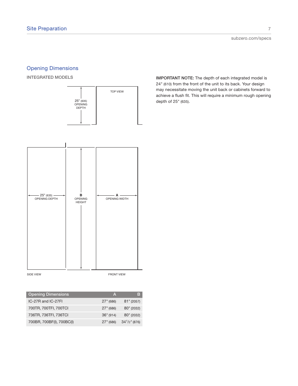 Site preparation, Opening dimensions | Sub-Zero IC-27FI User Manual | Page 7 / 24