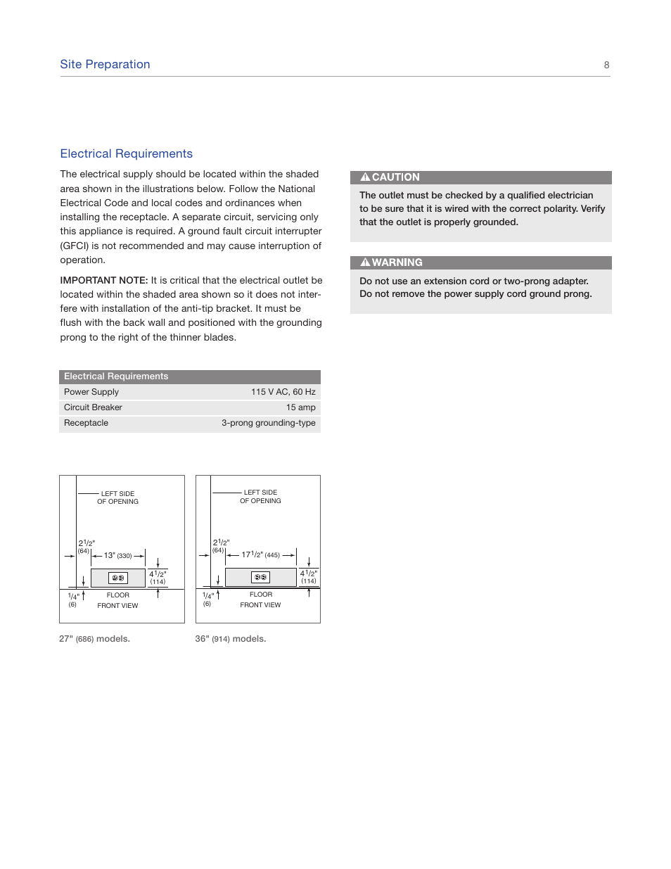 Site preparation, Electrical requirements | Sub-Zero IC-27FI User Manual | Page 8 / 24